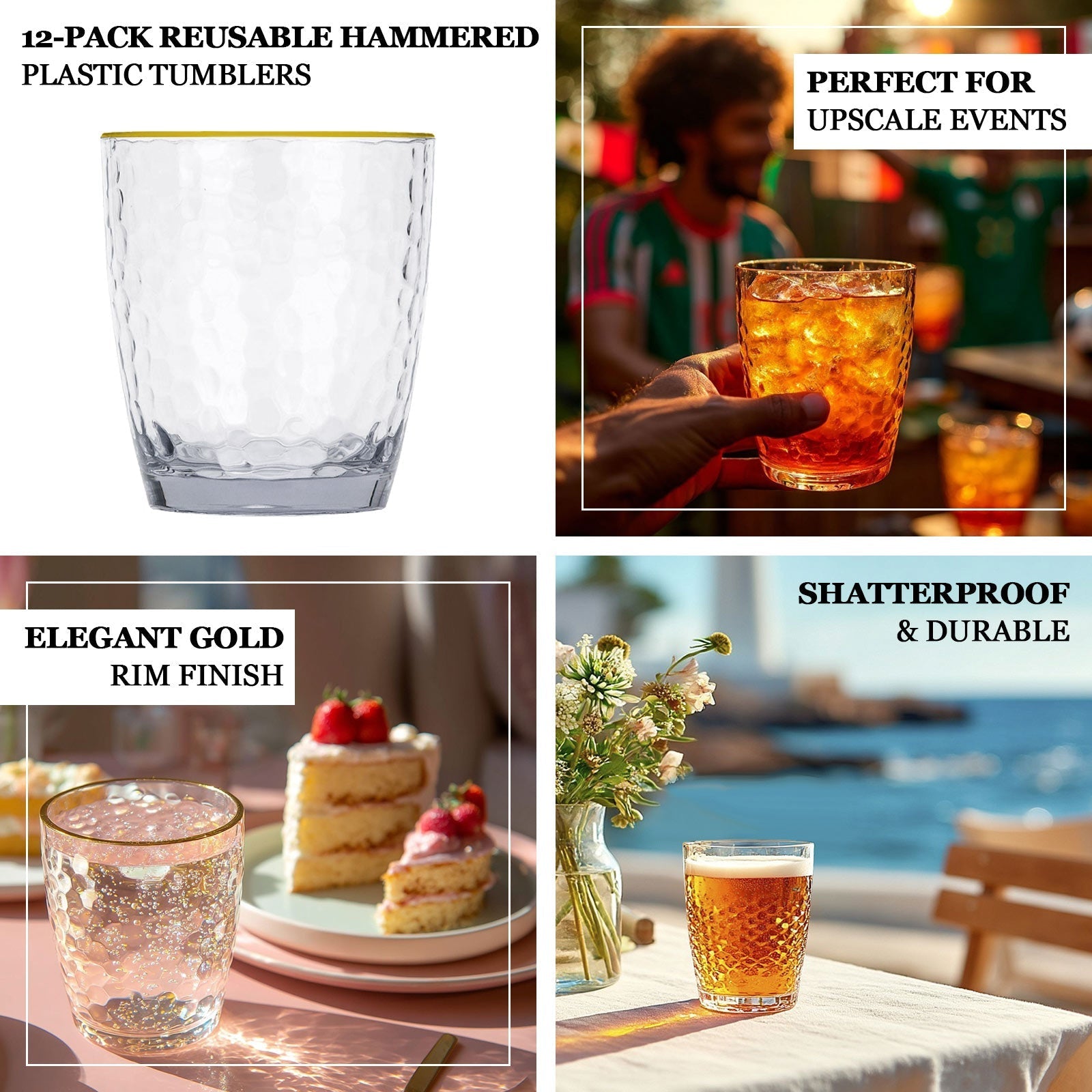 12 - Pack Plastic Tumblers Reusable Hammered Cups 14oz â€“ Clear with Gold Rim â€“ Shatterproof Cocktail Drinkware - Bell Racket Store