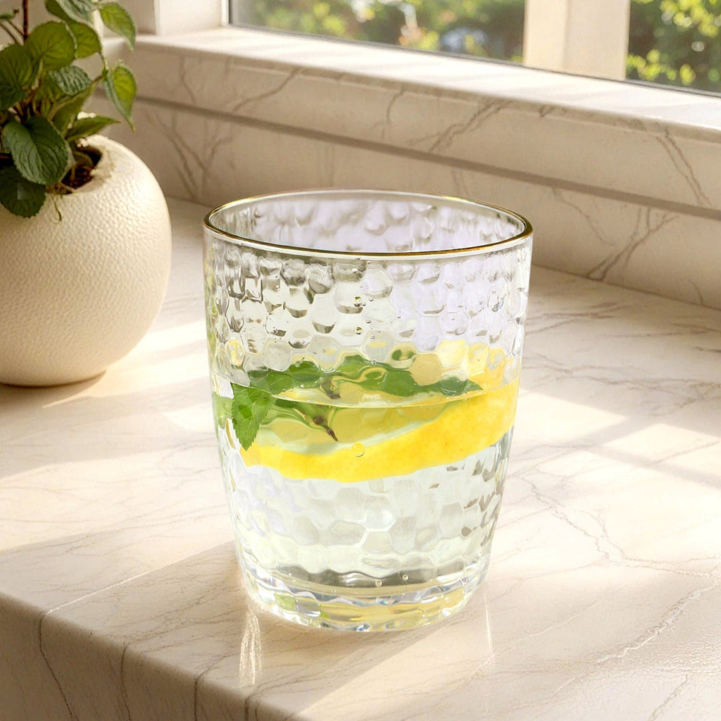 12 - Pack Plastic Tumblers Reusable Hammered Cups 14oz â€“ Clear with Gold Rim â€“ Shatterproof Cocktail Drinkware - Bell Racket Store