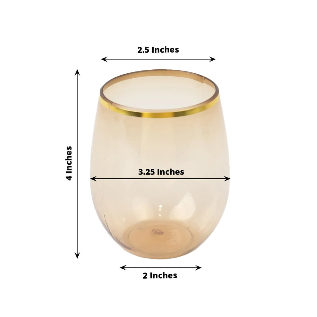12 - Pack Plastic Wine Tumblers Transparent Amber with Gold Rim - Reusable Drinkware 12oz - Bell Racket Store