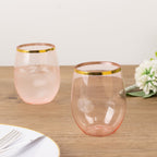 12 - Pack Plastic Wine Tumblers Transparent Blush with Gold Rim - Reusable Drinkware 12oz - Bell Racket Store