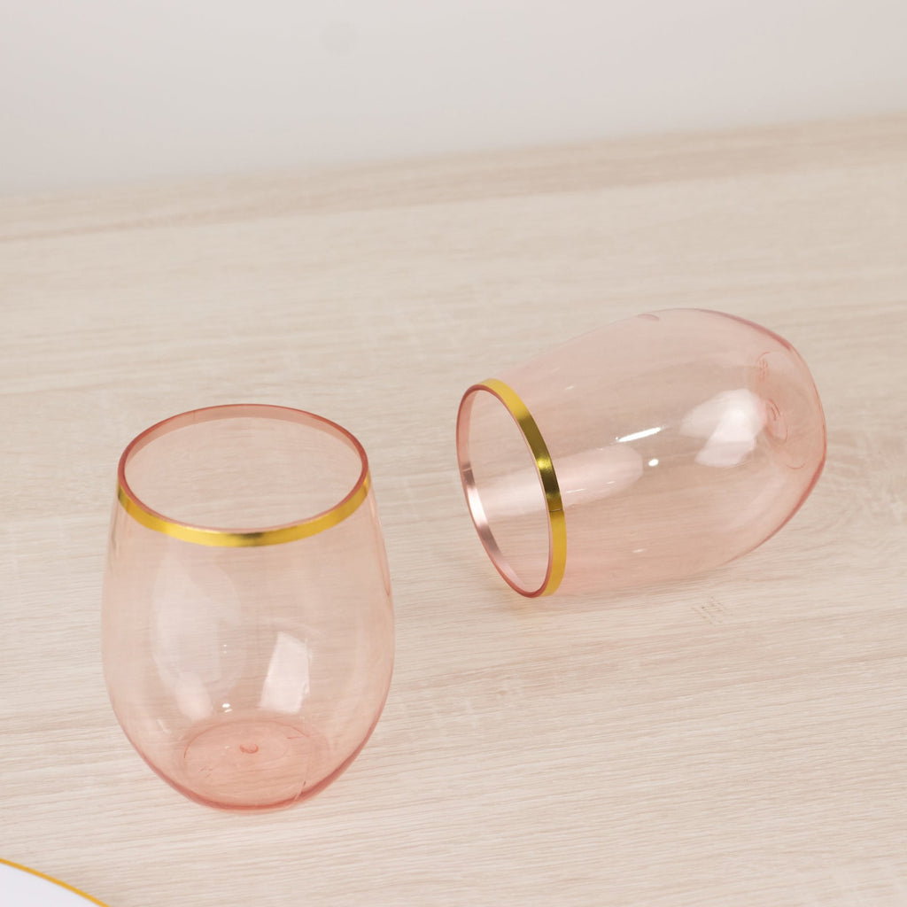 12 - Pack Plastic Wine Tumblers Transparent Blush with Gold Rim - Reusable Drinkware 12oz - Bell Racket Store