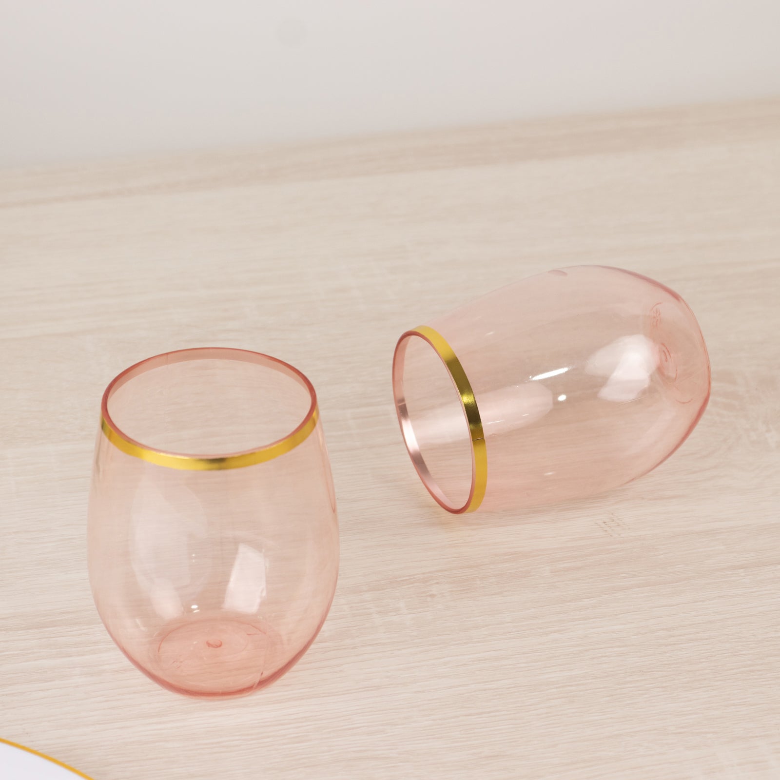 12 - Pack Plastic Wine Tumblers Transparent Blush with Gold Rim - Reusable Drinkware 12oz - Bell Racket Store
