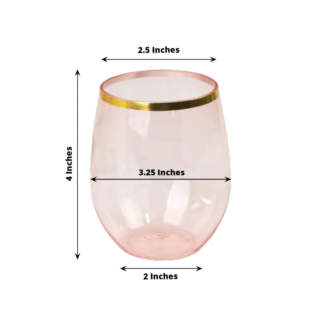 12 - Pack Plastic Wine Tumblers Transparent Blush with Gold Rim - Reusable Drinkware 12oz - Bell Racket Store