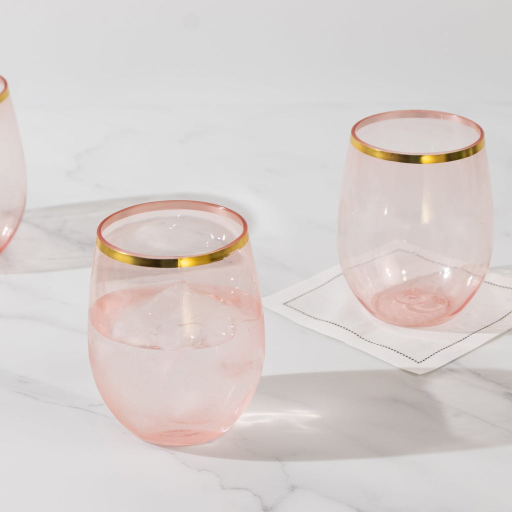 12 - Pack Plastic Wine Tumblers Transparent Blush with Gold Rim - Reusable Drinkware 12oz - Bell Racket Store