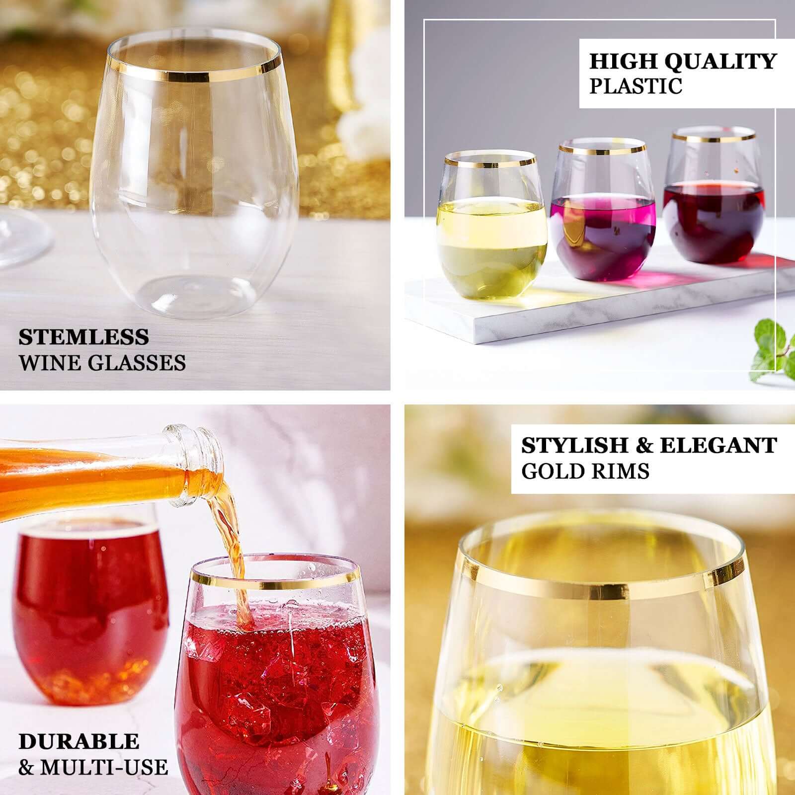 12 - Pack Plastic Wine Tumblers Transparent Blush with Gold Rim - Reusable Drinkware 12oz - Bell Racket Store