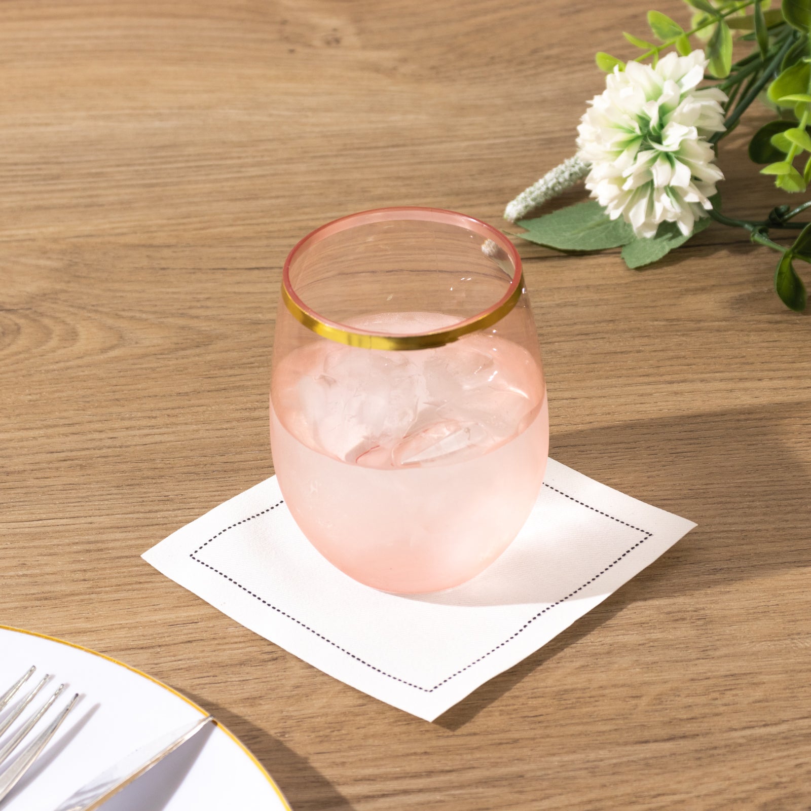 12 - Pack Plastic Wine Tumblers Transparent Blush with Gold Rim - Reusable Drinkware 12oz - Bell Racket Store