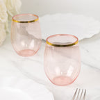 12 - Pack Plastic Wine Tumblers Transparent Blush with Gold Rim - Reusable Drinkware 12oz - Bell Racket Store