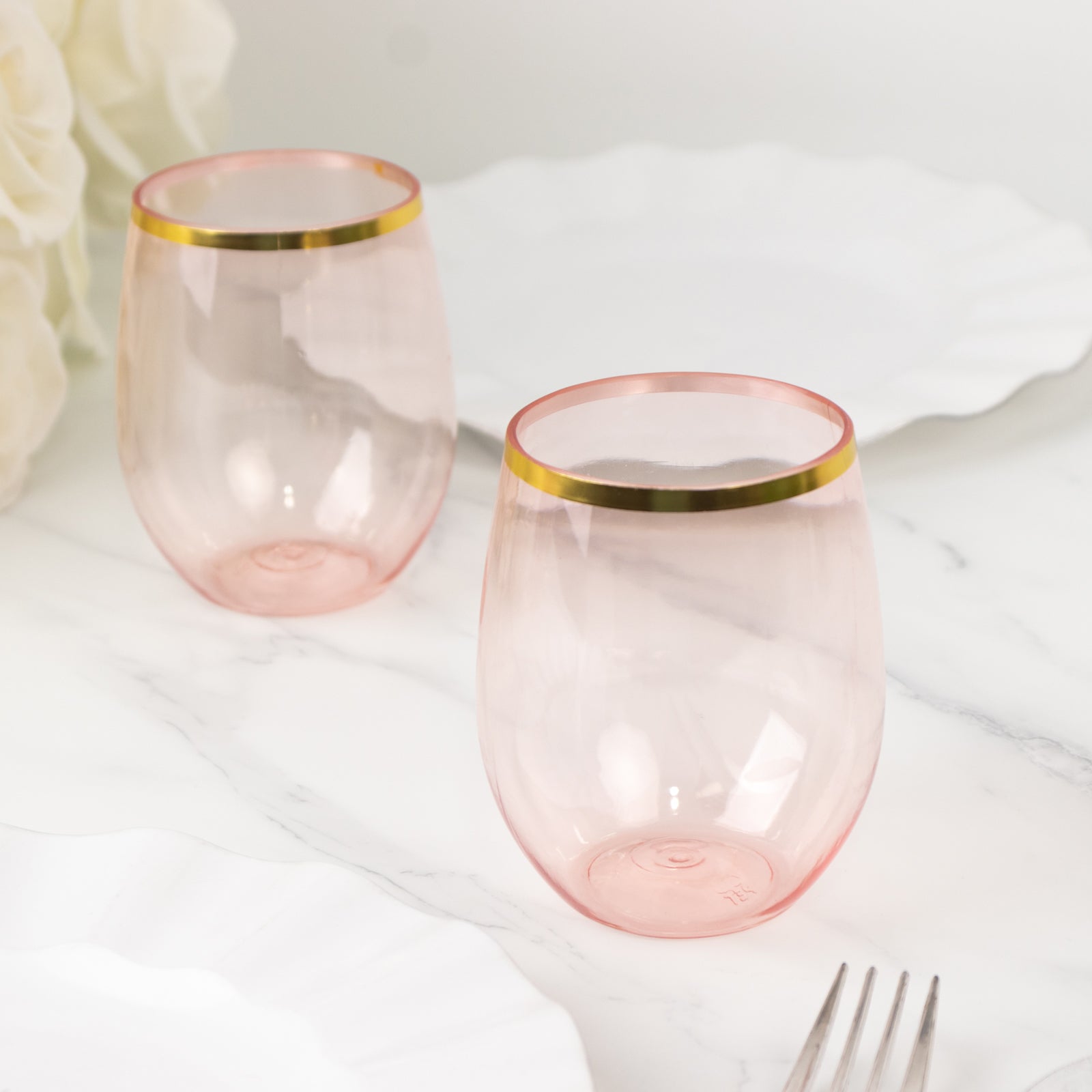 12 - Pack Plastic Wine Tumblers Transparent Blush with Gold Rim - Reusable Drinkware 12oz - Bell Racket Store
