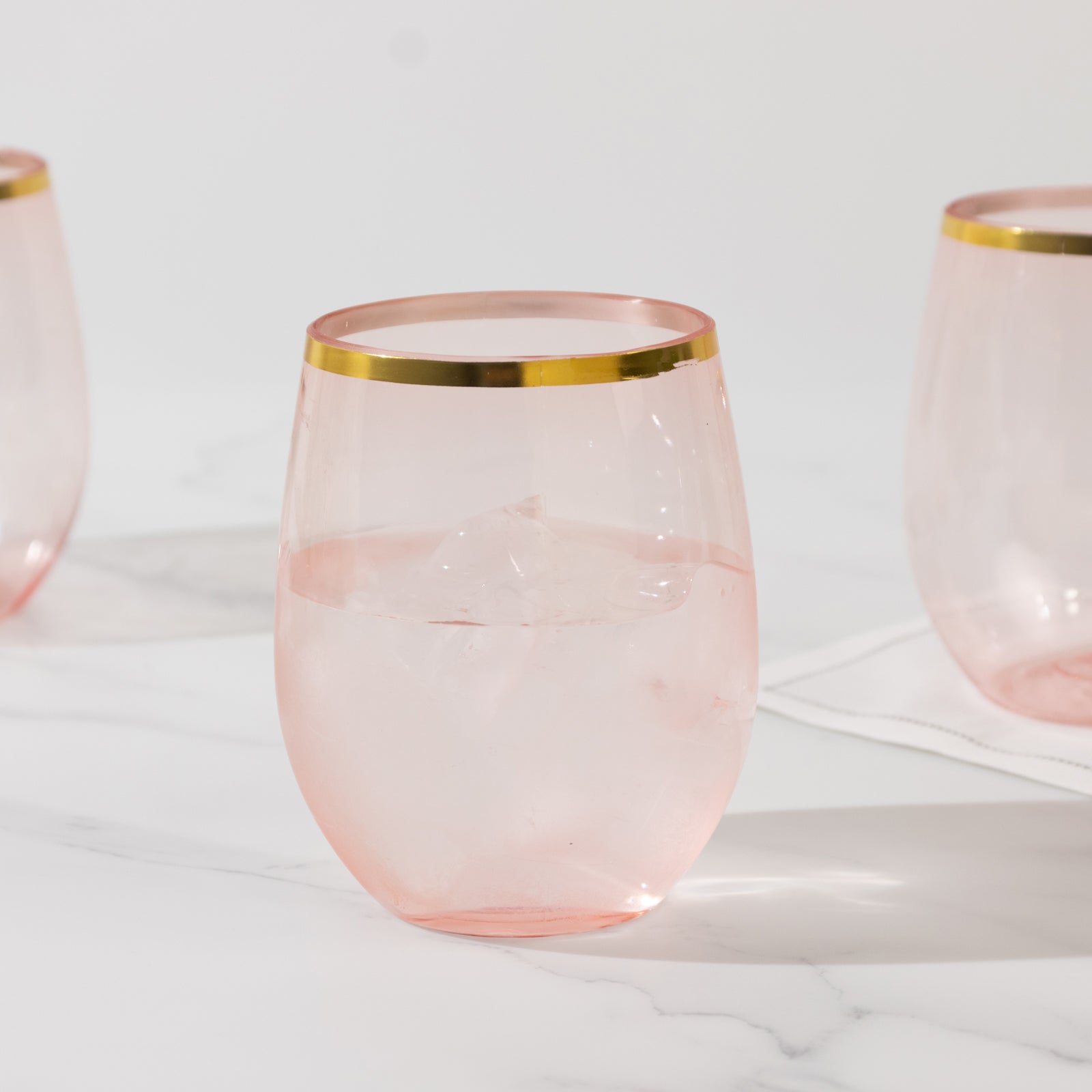 12 - Pack Plastic Wine Tumblers Transparent Blush with Gold Rim - Reusable Drinkware 12oz - Bell Racket Store