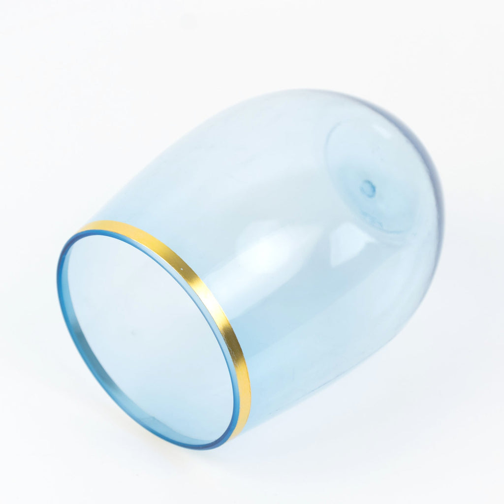 12 - Pack Plastic Wine Tumblers Transparent Dusty Blue with Gold Rim - Reusable Drinkware 12oz - Bell Racket Store