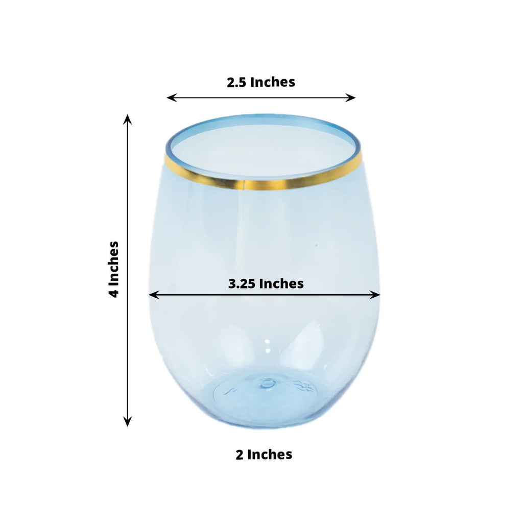 12 - Pack Plastic Wine Tumblers Transparent Dusty Blue with Gold Rim - Reusable Drinkware 12oz - Bell Racket Store