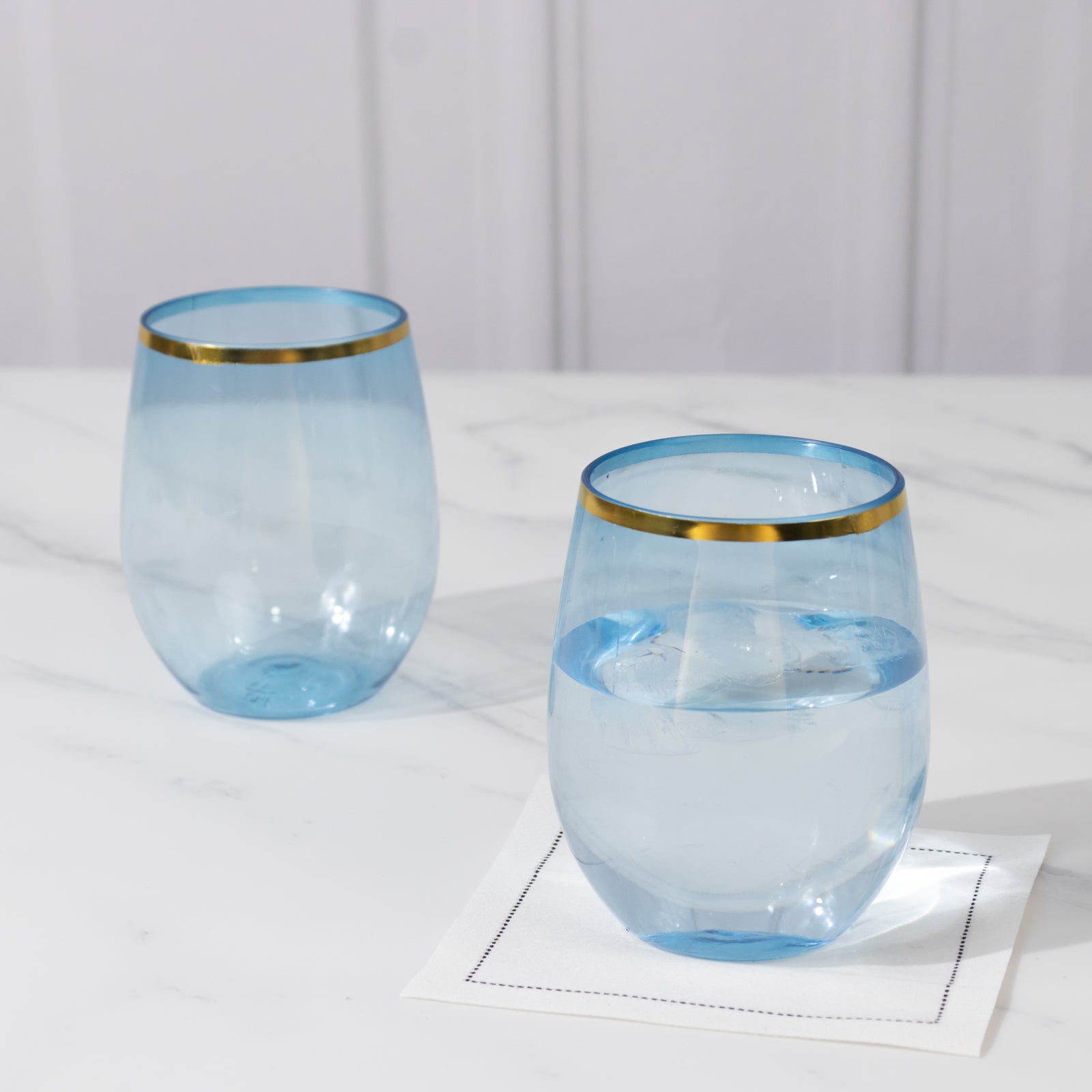 12 - Pack Plastic Wine Tumblers Transparent Dusty Blue with Gold Rim - Reusable Drinkware 12oz - Bell Racket Store