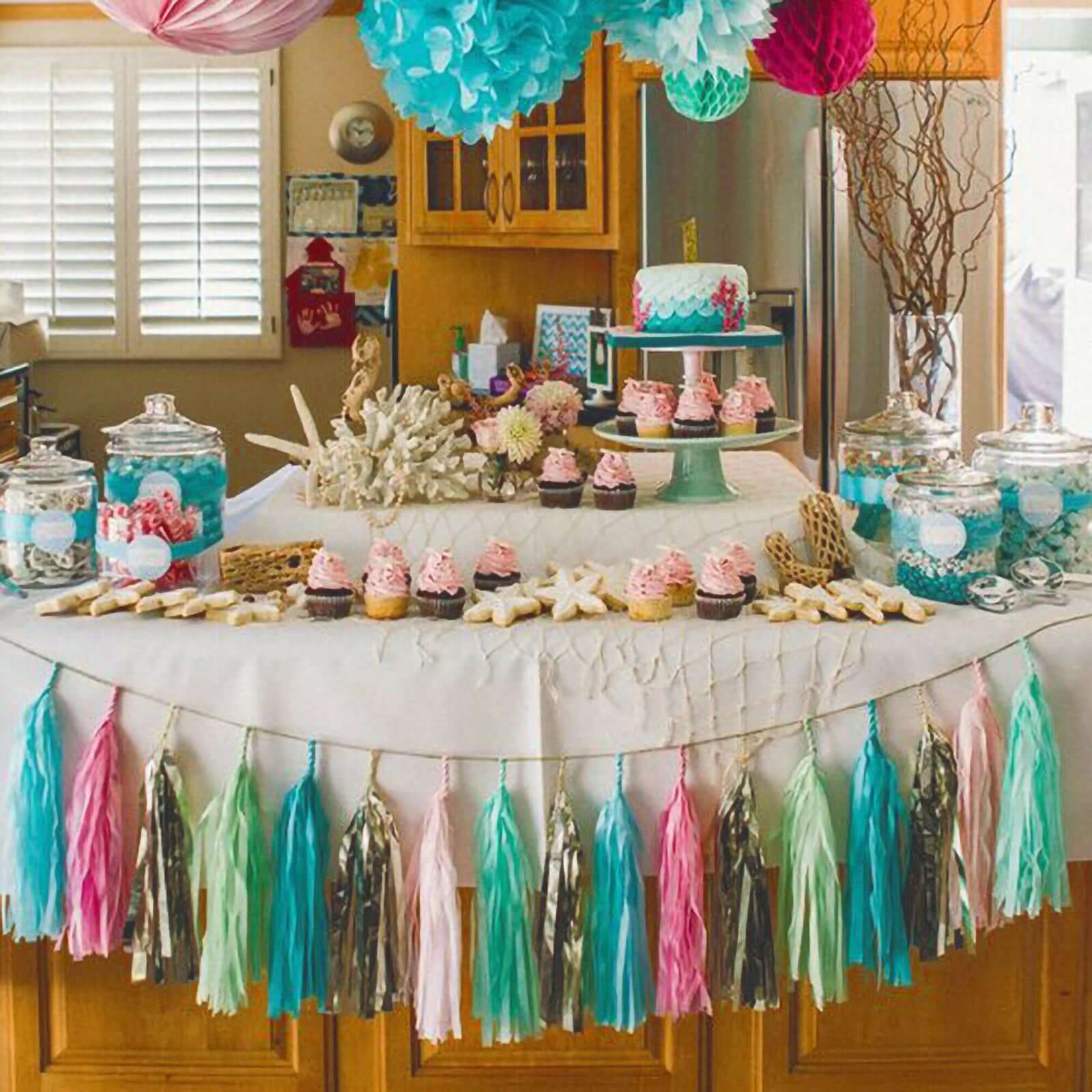 12 Pack Pre - Tied Turquoise Tissue Paper Tassel Garland With String, Hanging Fringe Party Streamer Backdrop Decor - Bell Racket Store