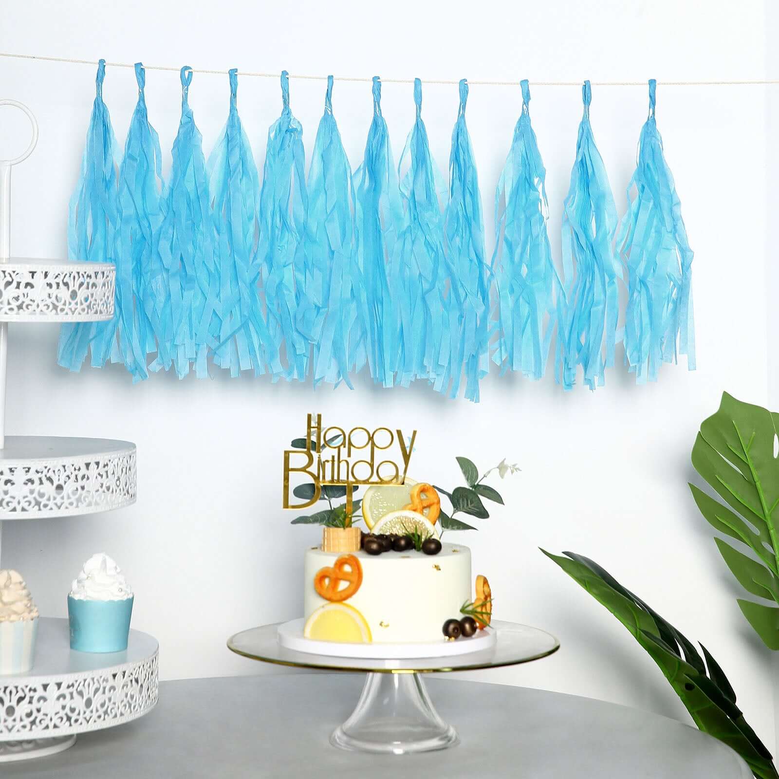 12 Pack Pre - Tied Turquoise Tissue Paper Tassel Garland With String, Hanging Fringe Party Streamer Backdrop Decor - Bell Racket Store