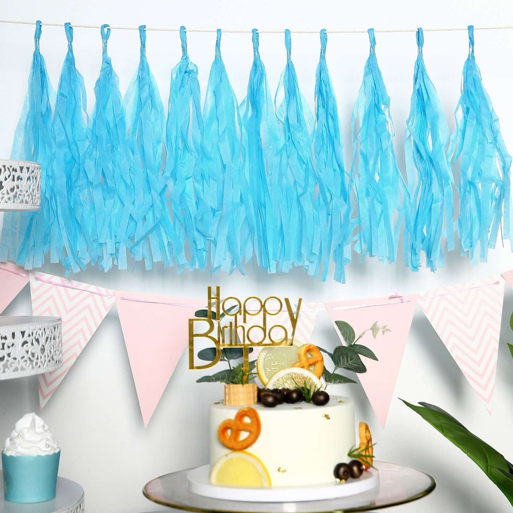 12 Pack Pre - Tied Turquoise Tissue Paper Tassel Garland With String, Hanging Fringe Party Streamer Backdrop Decor - Bell Racket Store
