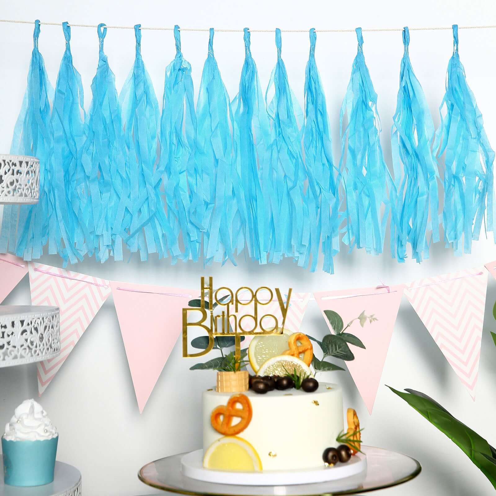 12 Pack Pre - Tied Turquoise Tissue Paper Tassel Garland With String, Hanging Fringe Party Streamer Backdrop Decor - Bell Racket Store