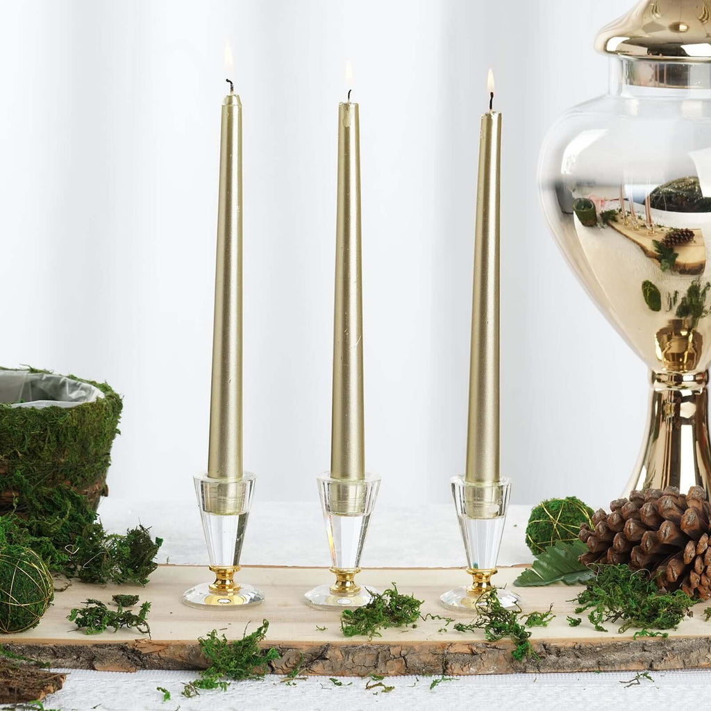 12 - Pack Taper Candles Premium Wax Design Metallic Gold - Unscented Candles for Upscale Settings 10" - Bell Racket Store