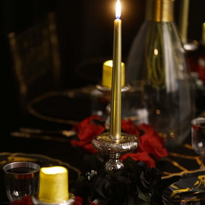 12 - Pack Taper Candles Premium Wax Design Metallic Gold - Unscented Candles for Upscale Settings 10" - Bell Racket Store