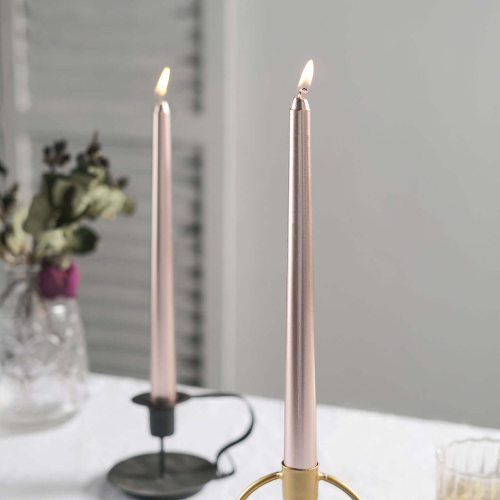12 - Pack Taper Candles Premium Wax Design Metallic Rose Gold - Unscented Candles for Upscale Settings 10" - Bell Racket Store