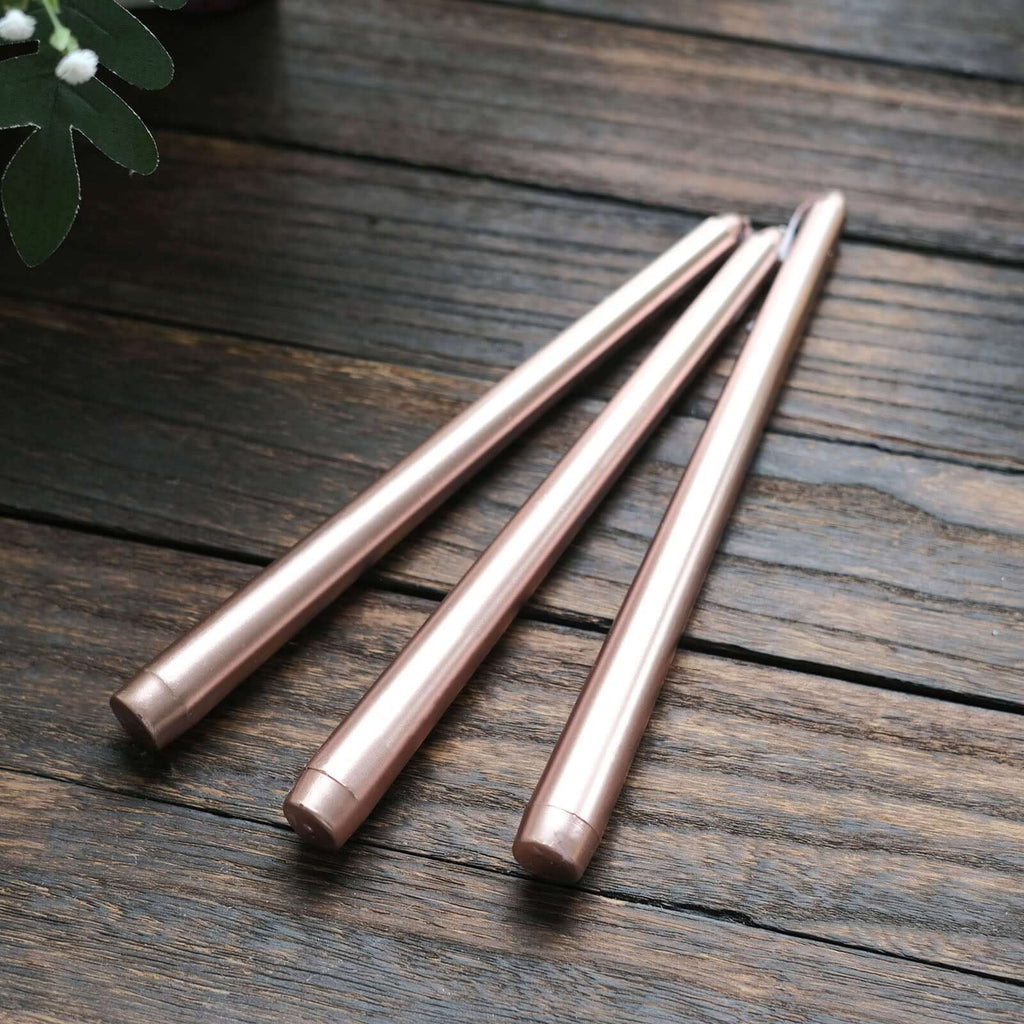 12 - Pack Taper Candles Premium Wax Design Metallic Rose Gold - Unscented Candles for Upscale Settings 10" - Bell Racket Store