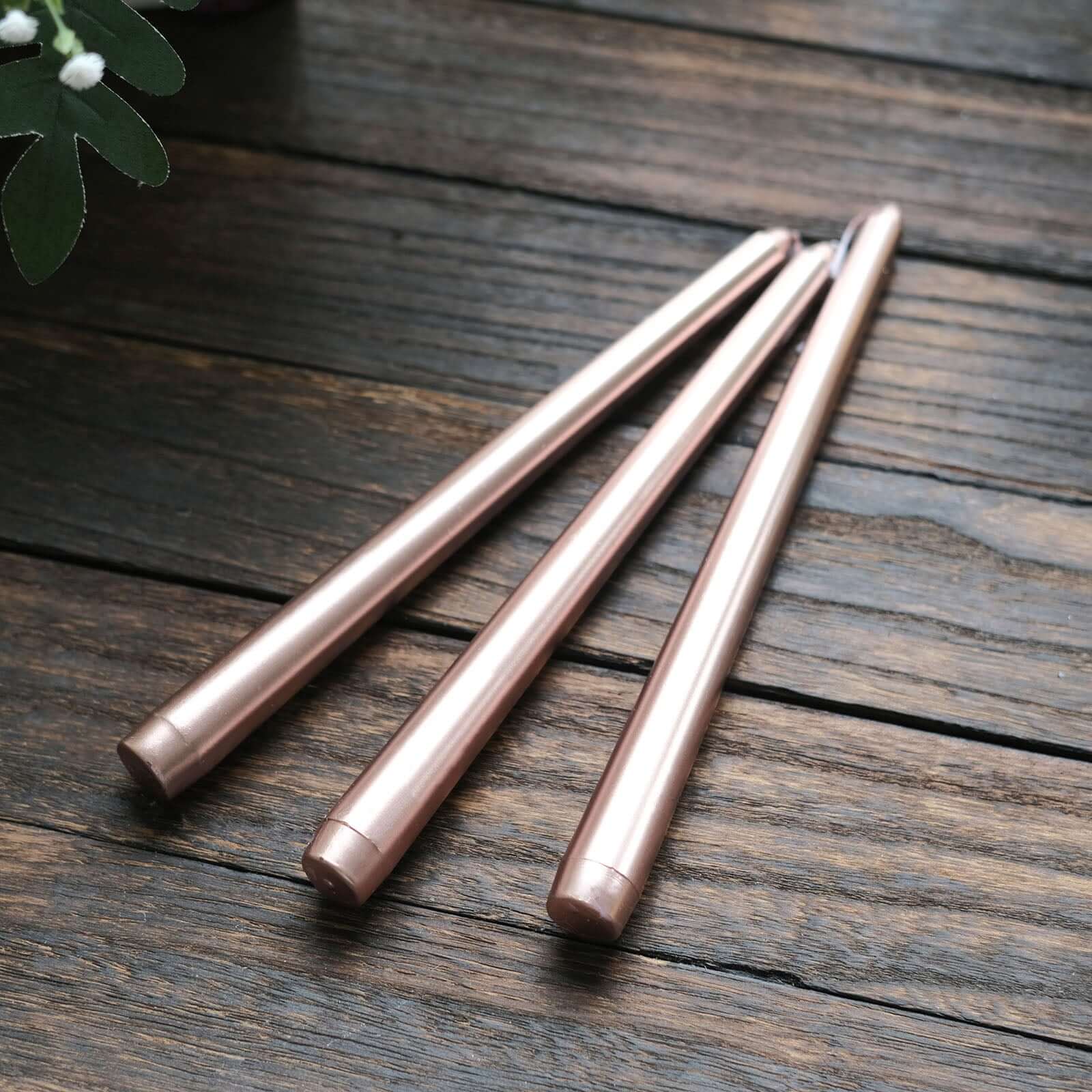 12 - Pack Taper Candles Premium Wax Design Metallic Rose Gold - Unscented Candles for Upscale Settings 10" - Bell Racket Store