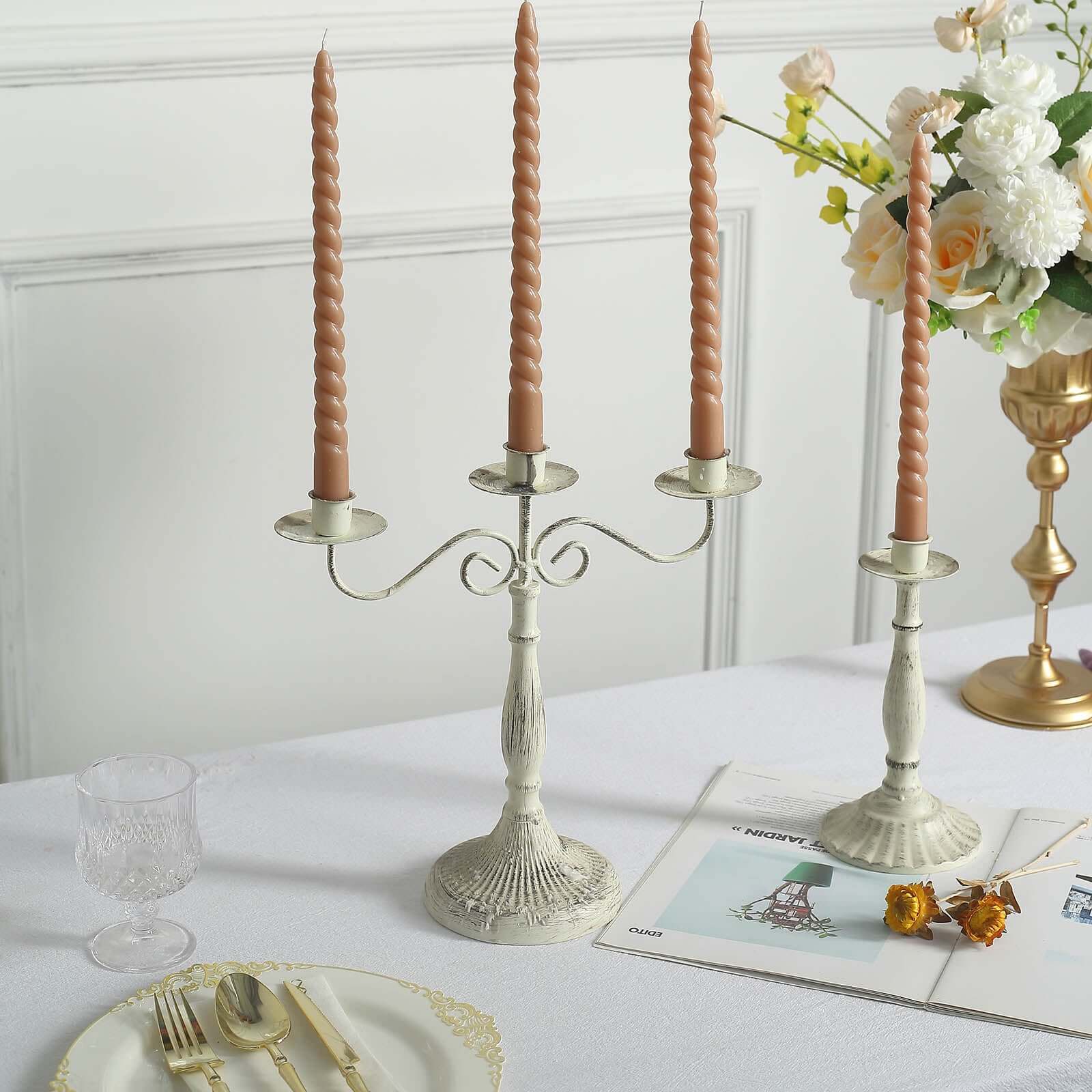 12 - Pack Taper Candles Spiral Long Burn Wick Design Beige - Premium Unscented Wax Dinner Candle Sticks 11" - Bell Racket Store