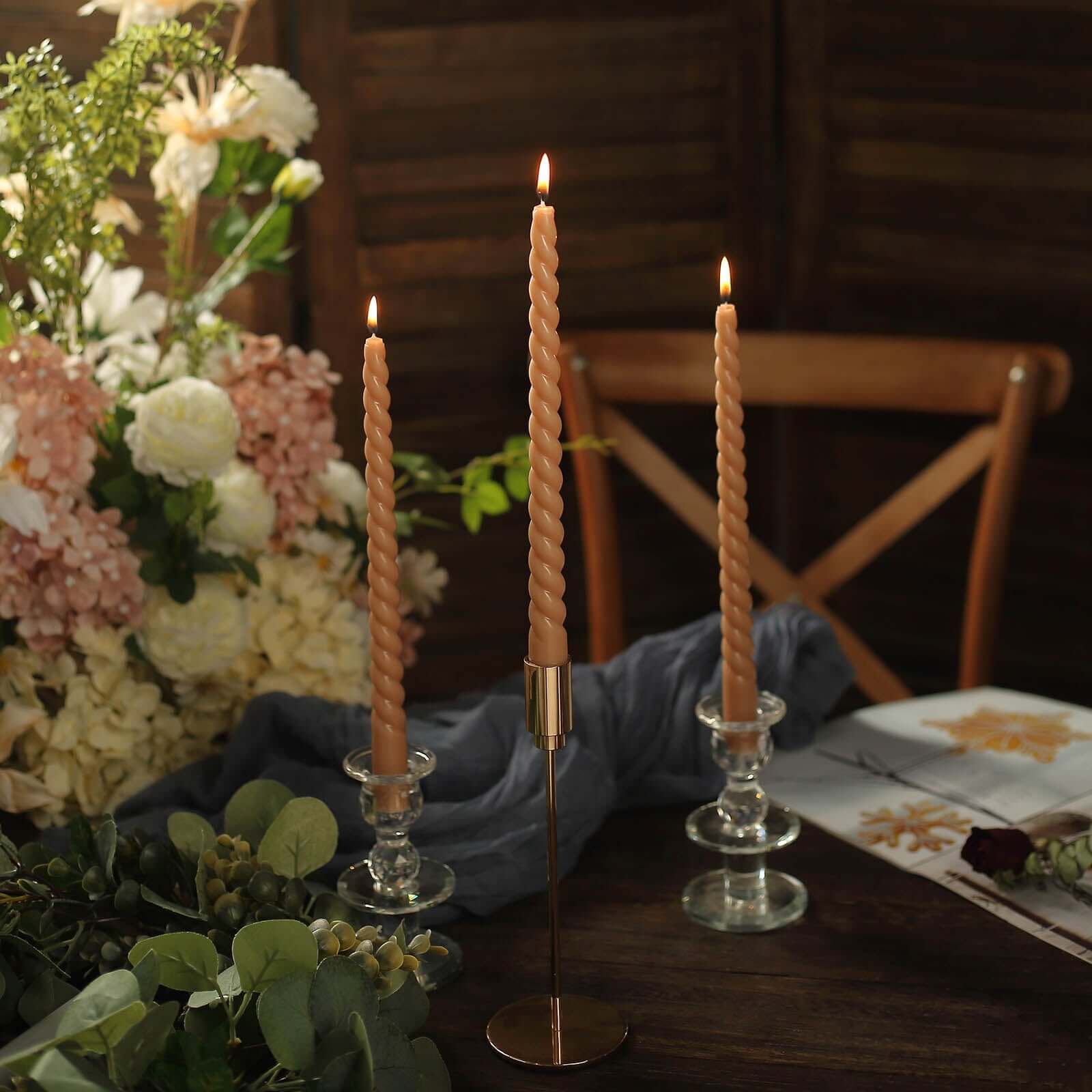 12 - Pack Taper Candles Spiral Long Burn Wick Design Beige - Premium Unscented Wax Dinner Candle Sticks 11" - Bell Racket Store