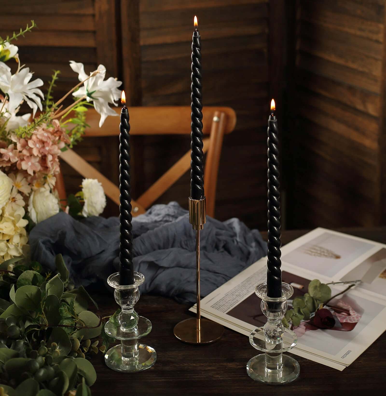 12 - Pack Taper Candles Spiral Long Burn Wick Design Black - Premium Unscented Wax Dinner Candle Sticks 11" - Bell Racket Store