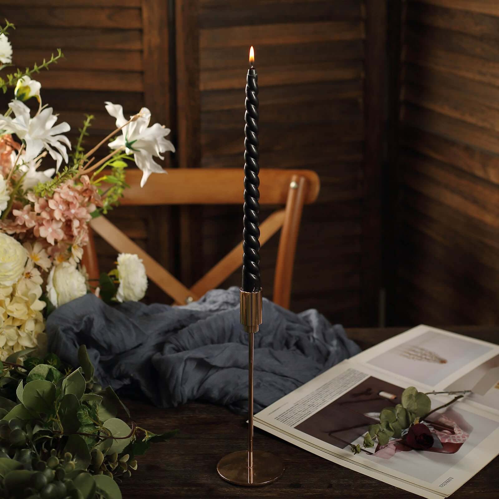 12 - Pack Taper Candles Spiral Long Burn Wick Design Black - Premium Unscented Wax Dinner Candle Sticks 11" - Bell Racket Store