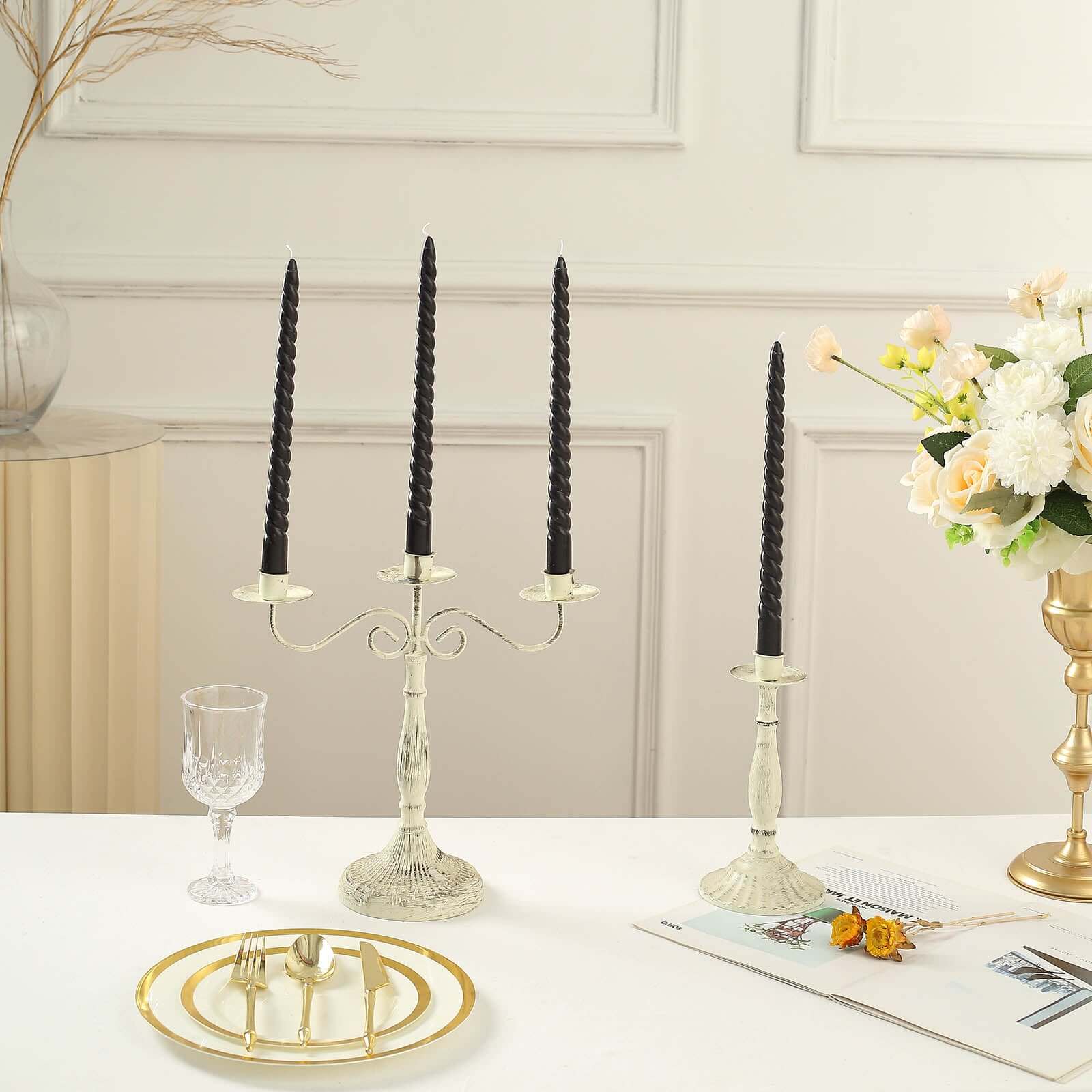 12 - Pack Taper Candles Spiral Long Burn Wick Design Black - Premium Unscented Wax Dinner Candle Sticks 11" - Bell Racket Store