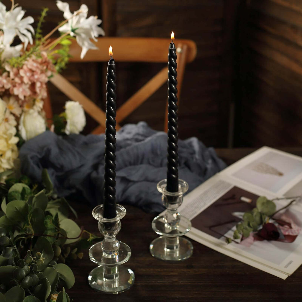 12 - Pack Taper Candles Spiral Long Burn Wick Design Black - Premium Unscented Wax Dinner Candle Sticks 11" - Bell Racket Store