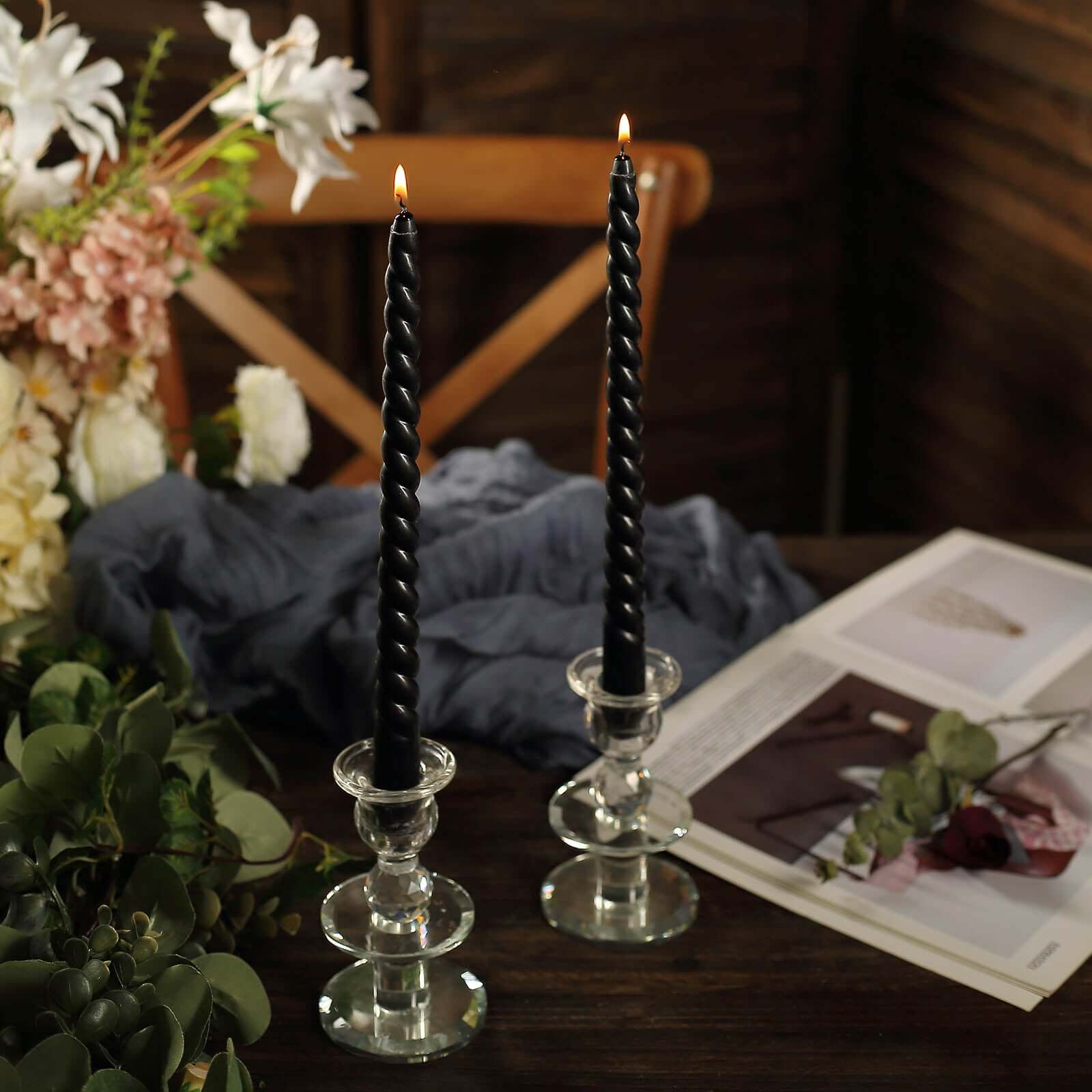 12 - Pack Taper Candles Spiral Long Burn Wick Design Black - Premium Unscented Wax Dinner Candle Sticks 11" - Bell Racket Store