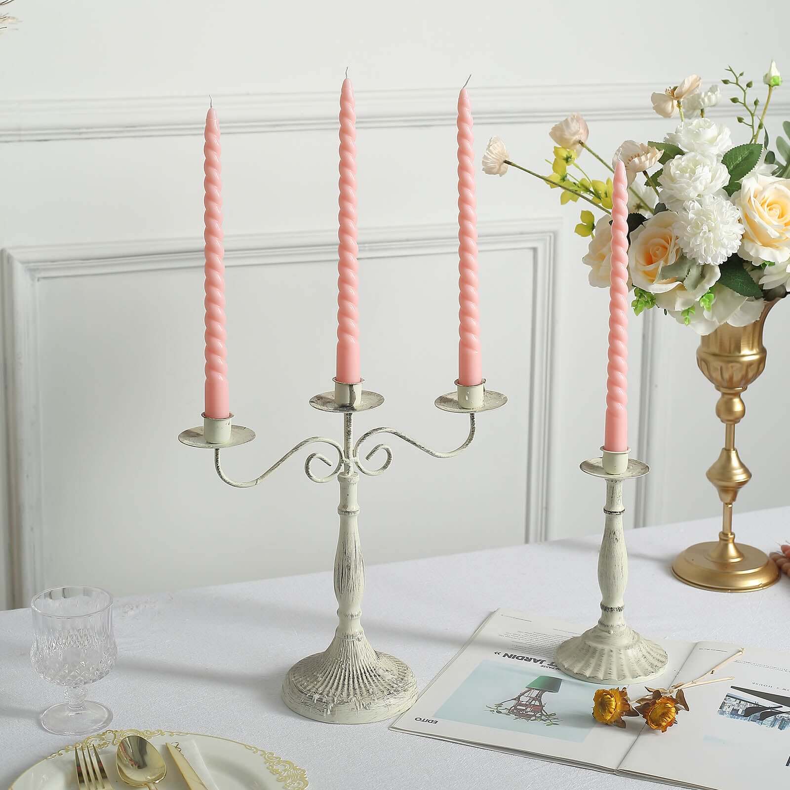 12 - Pack Taper Candles Spiral Long Burn Wick Design Blush - Premium Unscented Wax Dinner Candle Sticks 11" - Bell Racket Store