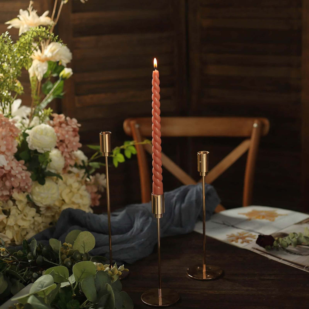 12 - Pack Taper Candles Spiral Long Burn Wick Design Dark Nude - Premium Unscented Wax Dinner Candle Sticks 11" - Bell Racket Store