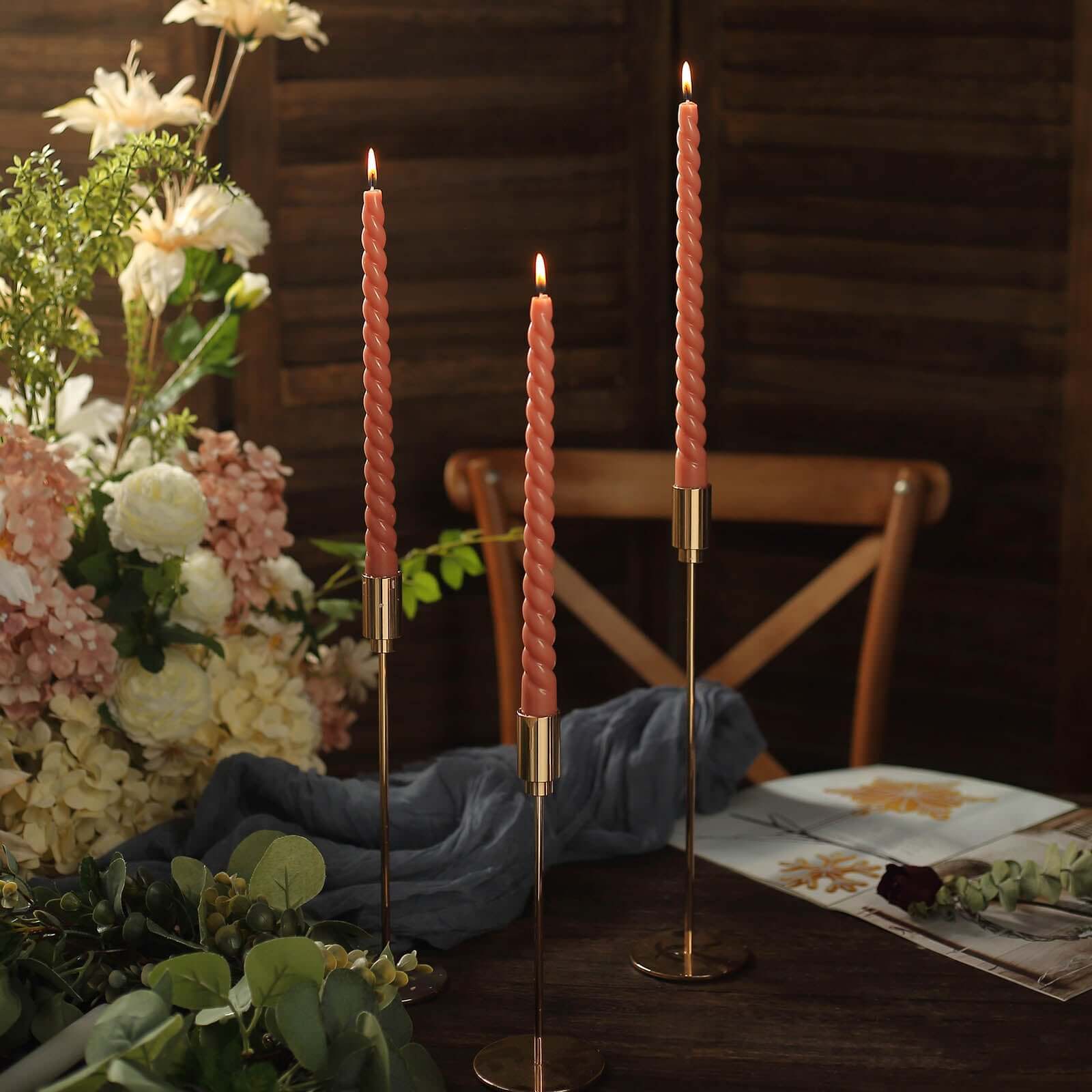 12 - Pack Taper Candles Spiral Long Burn Wick Design Dark Nude - Premium Unscented Wax Dinner Candle Sticks 11" - Bell Racket Store