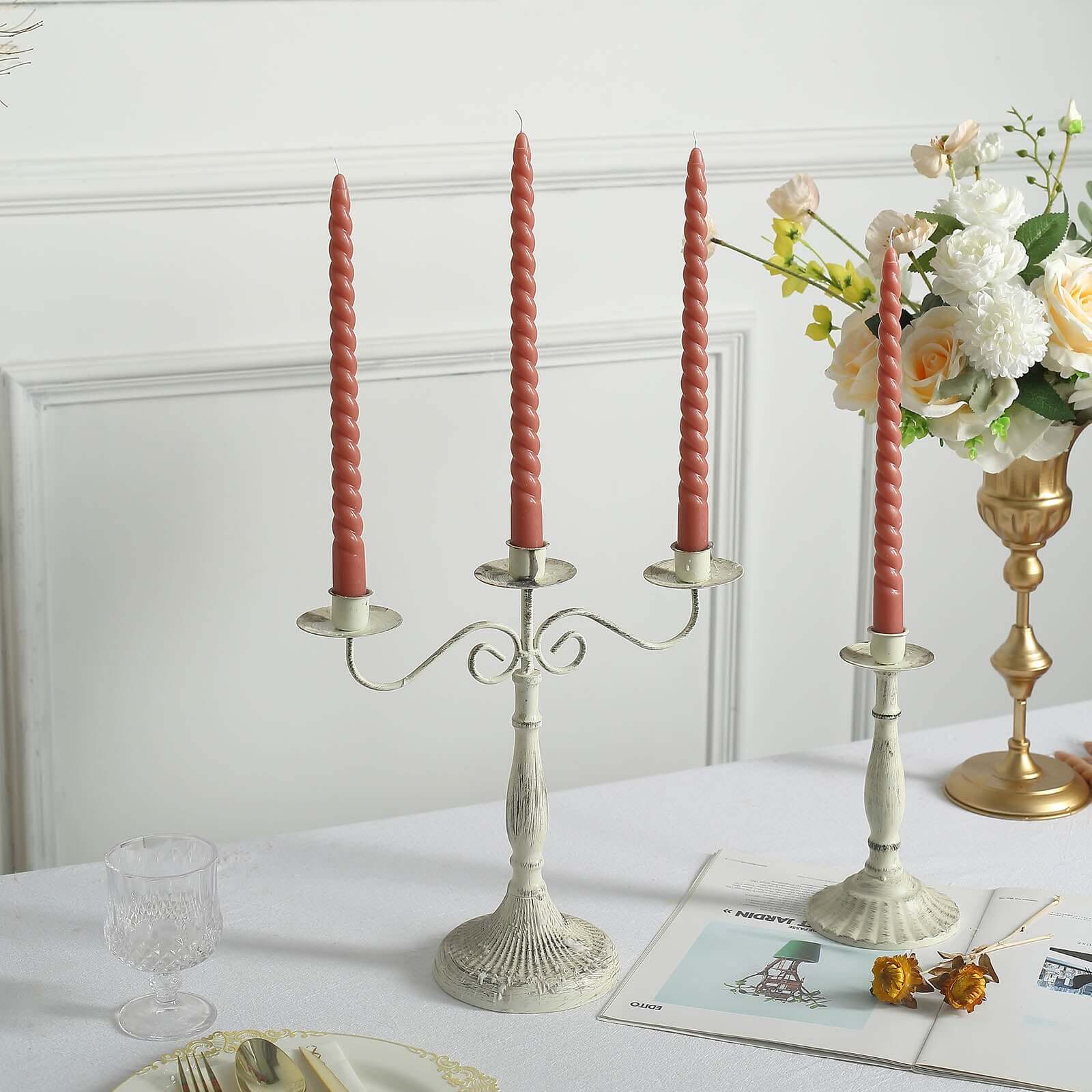 12 - Pack Taper Candles Spiral Long Burn Wick Design Dark Nude - Premium Unscented Wax Dinner Candle Sticks 11" - Bell Racket Store