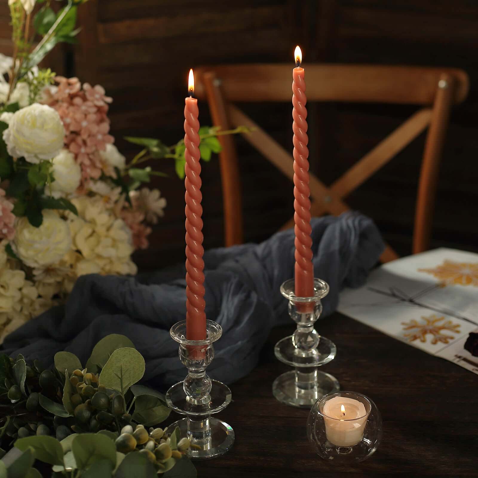 12 - Pack Taper Candles Spiral Long Burn Wick Design Dark Nude - Premium Unscented Wax Dinner Candle Sticks 11" - Bell Racket Store