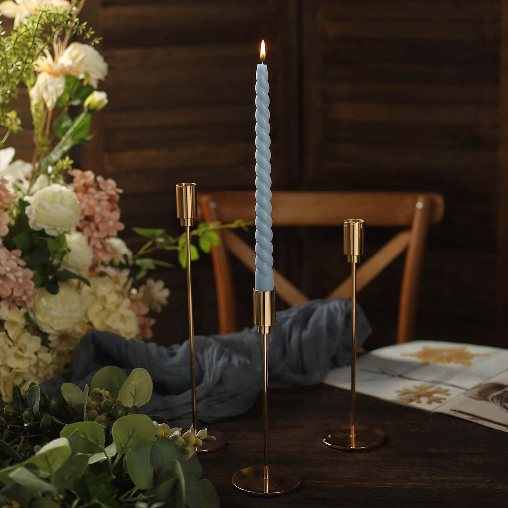 12 - Pack Taper Candles Spiral Long Burn Wick Design Dusty Blue - Premium Unscented Wax Dinner Candle Sticks 11" - Bell Racket Store