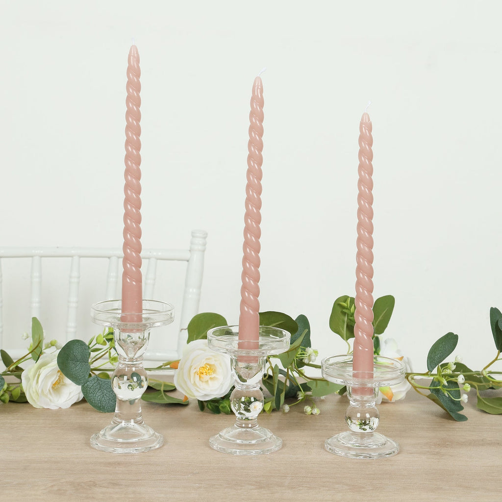 12 - Pack Taper Candles Spiral Long Burn Wick Design Dusty Rose - Premium Unscented Wax Dinner Candle Sticks 11" - Bell Racket Store