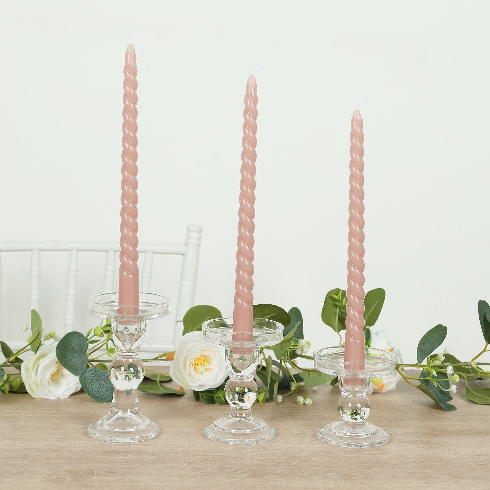 12 - Pack Taper Candles Spiral Long Burn Wick Design Dusty Rose - Premium Unscented Wax Dinner Candle Sticks 11" - Bell Racket Store