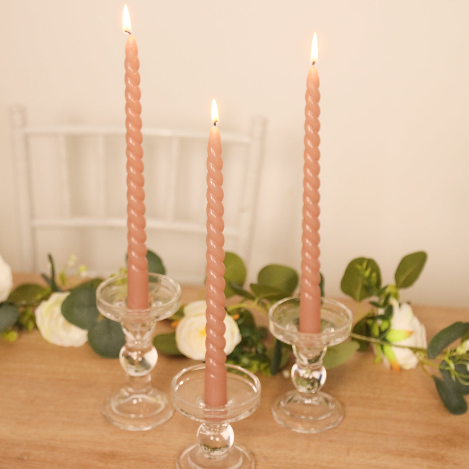 12 - Pack Taper Candles Spiral Long Burn Wick Design Dusty Rose - Premium Unscented Wax Dinner Candle Sticks 11" - Bell Racket Store