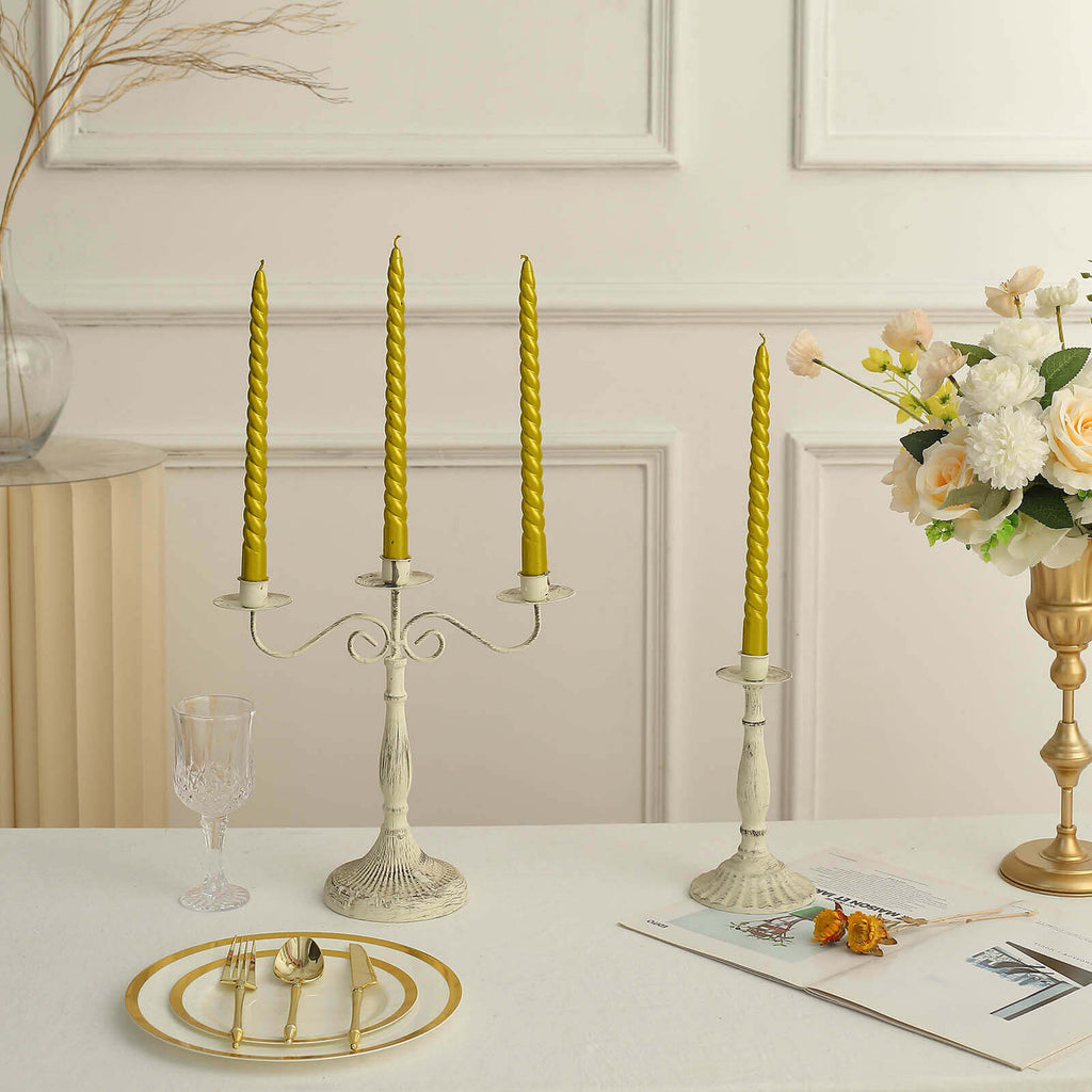 12 - Pack Taper Candles Spiral Long Burn Wick Design Gold - Premium Unscented Wax Dinner Candle Sticks 11" - Bell Racket Store