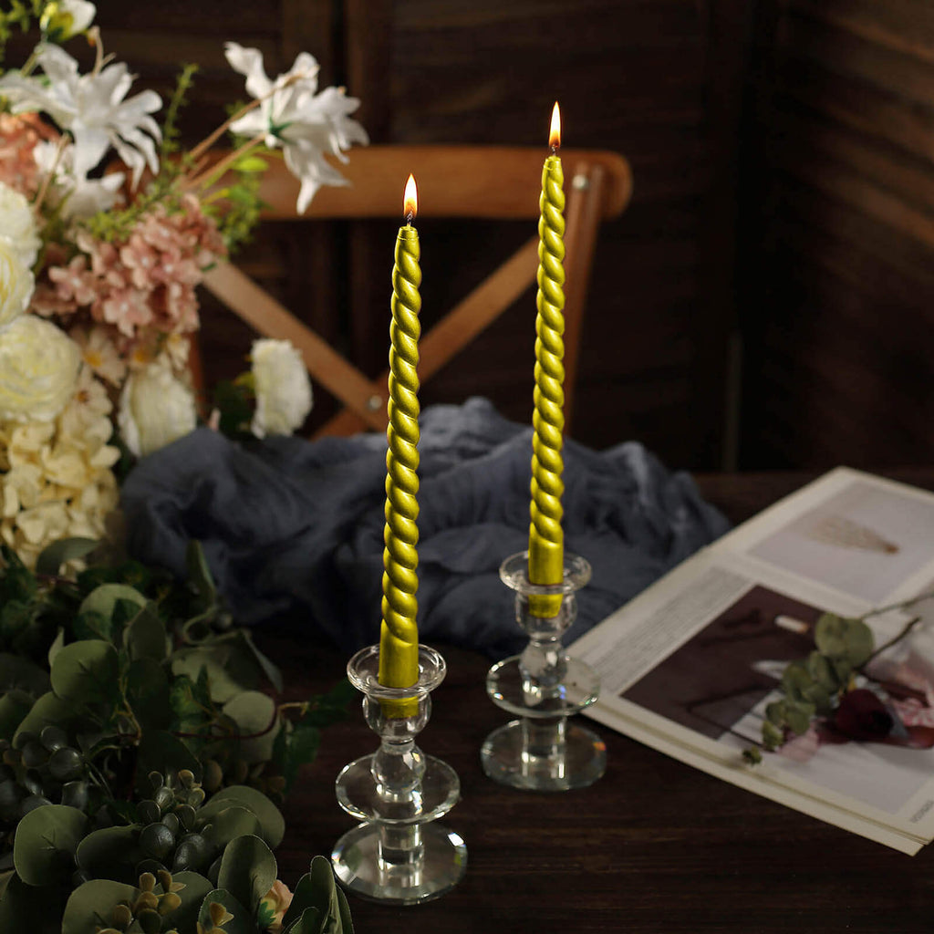 12 - Pack Taper Candles Spiral Long Burn Wick Design Gold - Premium Unscented Wax Dinner Candle Sticks 11" - Bell Racket Store