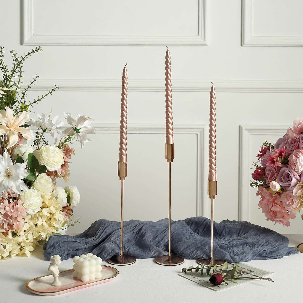 12 - Pack Taper Candles Spiral Long Burn Wick Design Matte Rose Gold - Premium Unscented Wax Dinner Candle Sticks 11" - Bell Racket Store