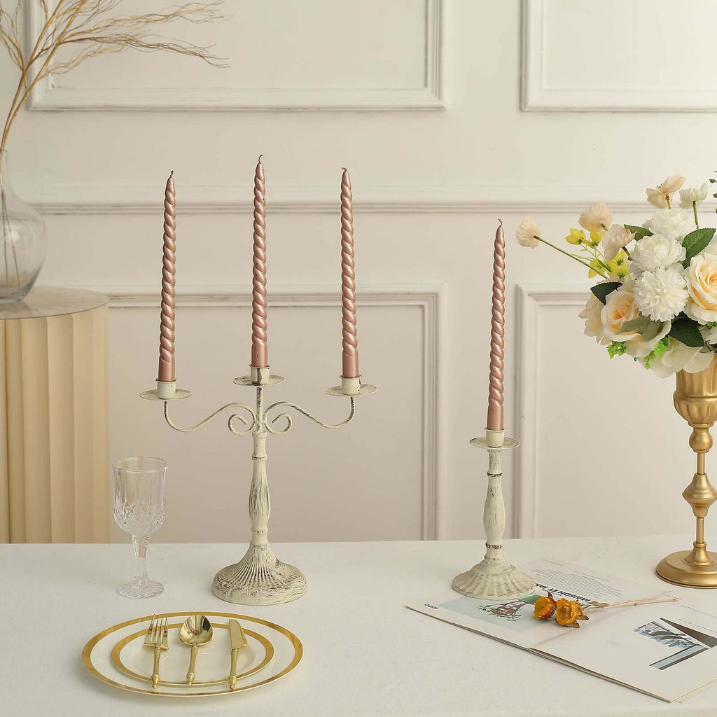 12 - Pack Taper Candles Spiral Long Burn Wick Design Matte Rose Gold - Premium Unscented Wax Dinner Candle Sticks 11" - Bell Racket Store