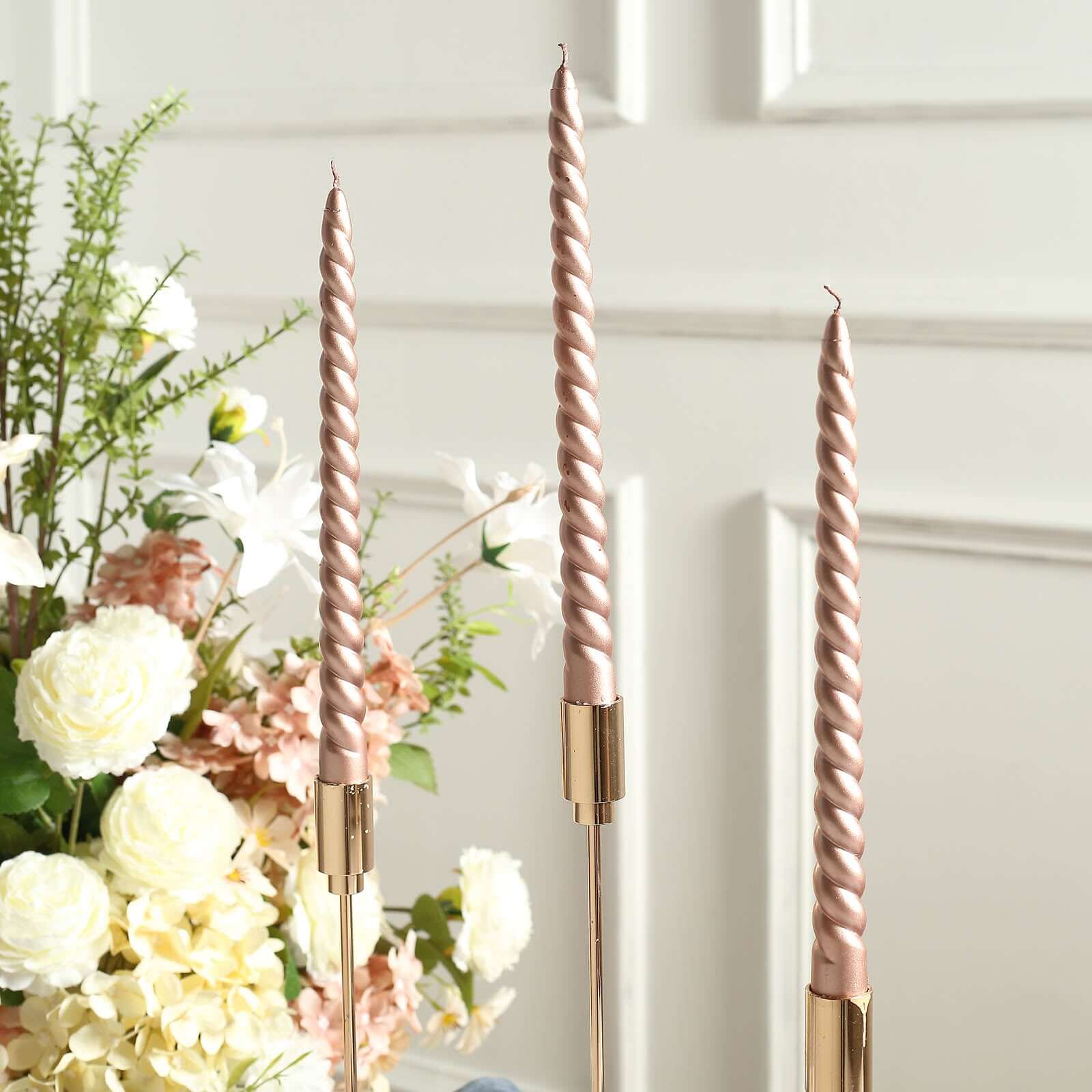 12 - Pack Taper Candles Spiral Long Burn Wick Design Matte Rose Gold - Premium Unscented Wax Dinner Candle Sticks 11" - Bell Racket Store