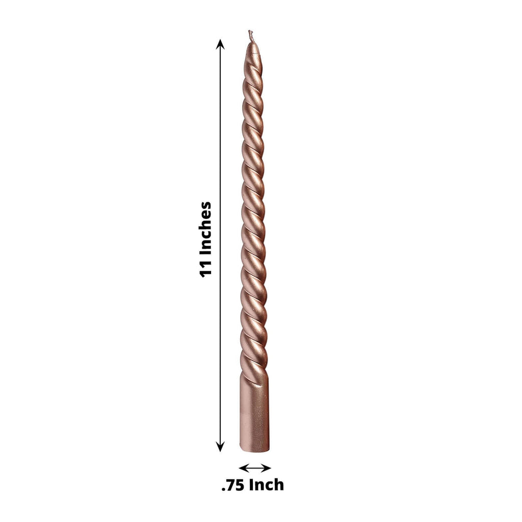12 - Pack Taper Candles Spiral Long Burn Wick Design Matte Rose Gold - Premium Unscented Wax Dinner Candle Sticks 11" - Bell Racket Store