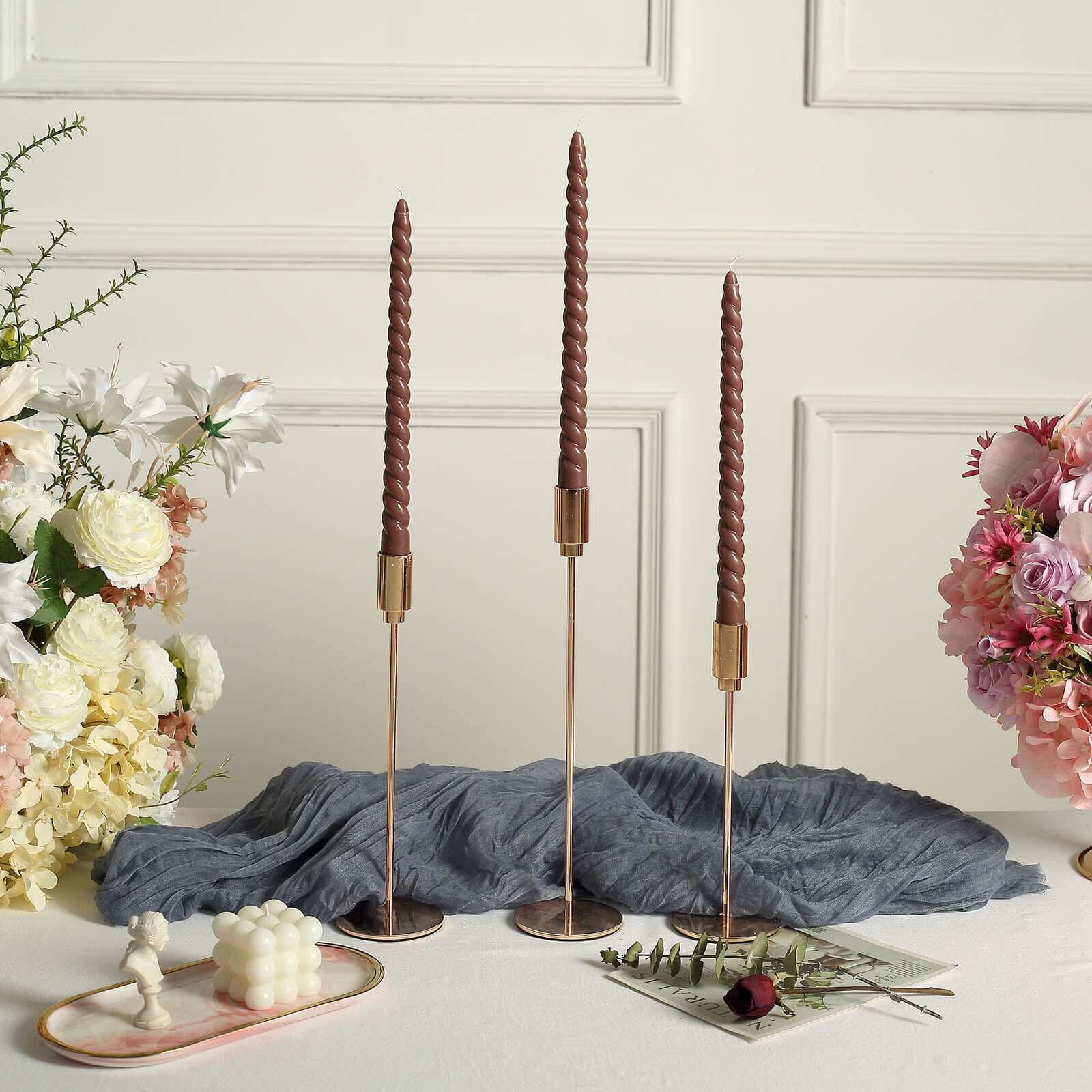 12 - Pack Taper Candles Spiral Long Burn Wick Design Mocha Brown - Premium Unscented Wax Dinner Candle Sticks 11" - Bell Racket Store