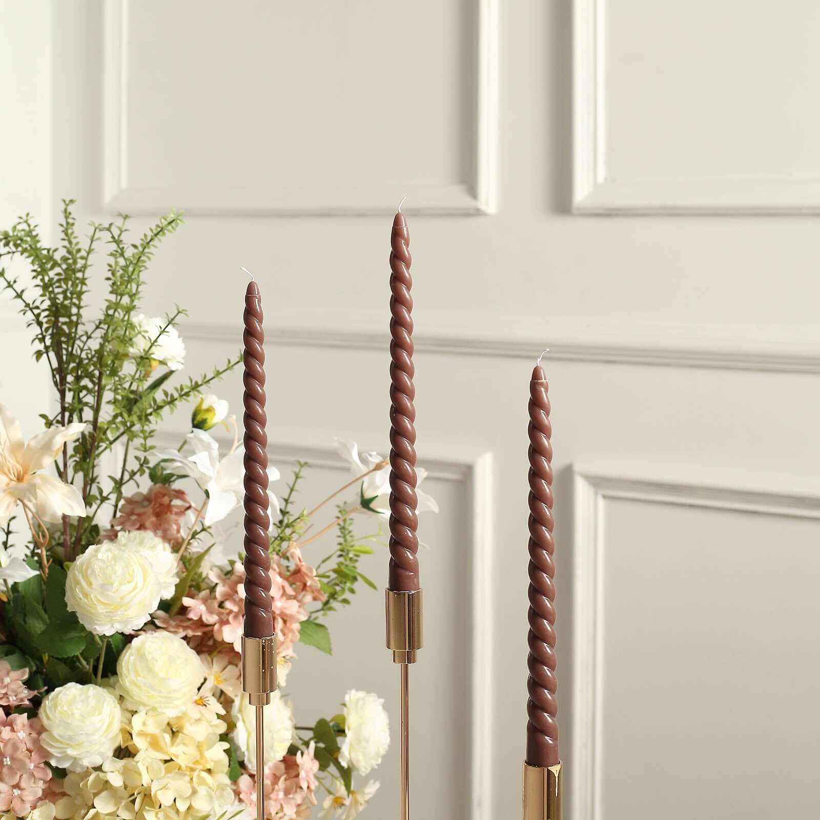 12 - Pack Taper Candles Spiral Long Burn Wick Design Mocha Brown - Premium Unscented Wax Dinner Candle Sticks 11" - Bell Racket Store