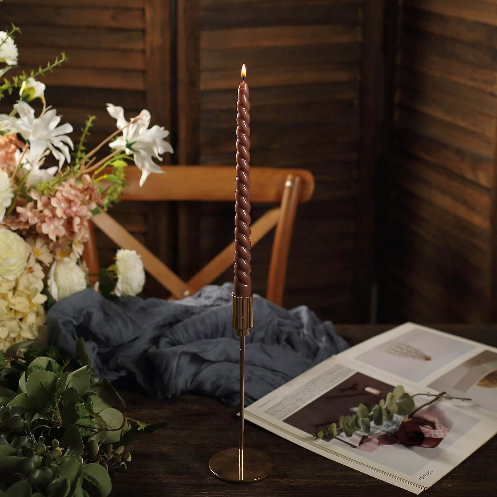 12 - Pack Taper Candles Spiral Long Burn Wick Design Mocha Brown - Premium Unscented Wax Dinner Candle Sticks 11" - Bell Racket Store